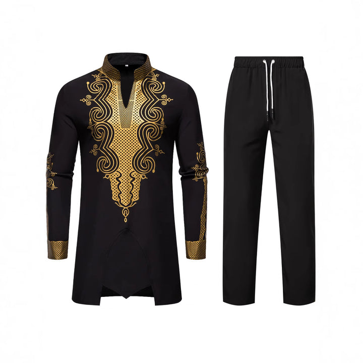 Herren Traditionelles besticktes Tunika‑Set mit Mandarinkragen und elastischer Hose Drune