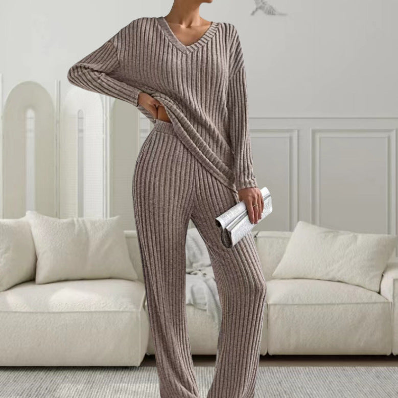 Damen Strickanzug mit modischem V-Ausschnitt und feinem Rippdesign Drune