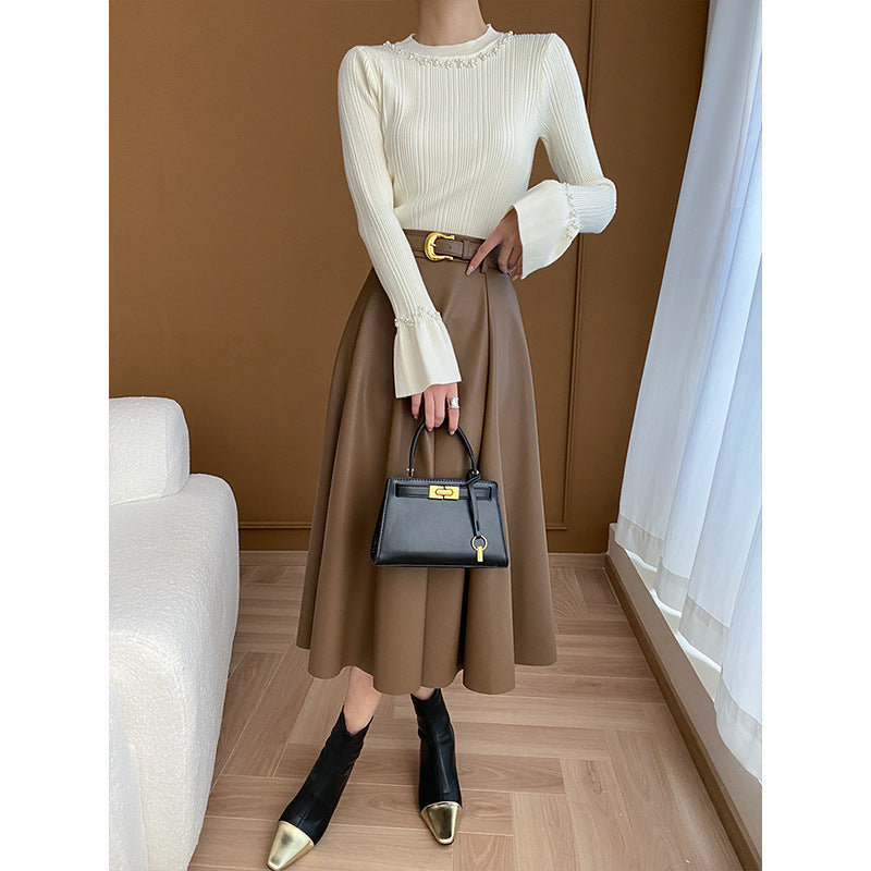 Damen Langarm Pullover mit Perlenschmuck Drune