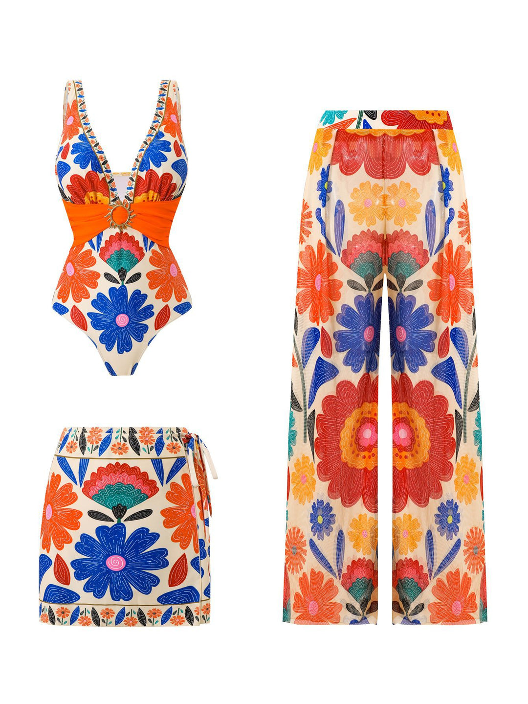 Damen Mehrteiliges Badeanzug-Set mit floralen Motiven Drune