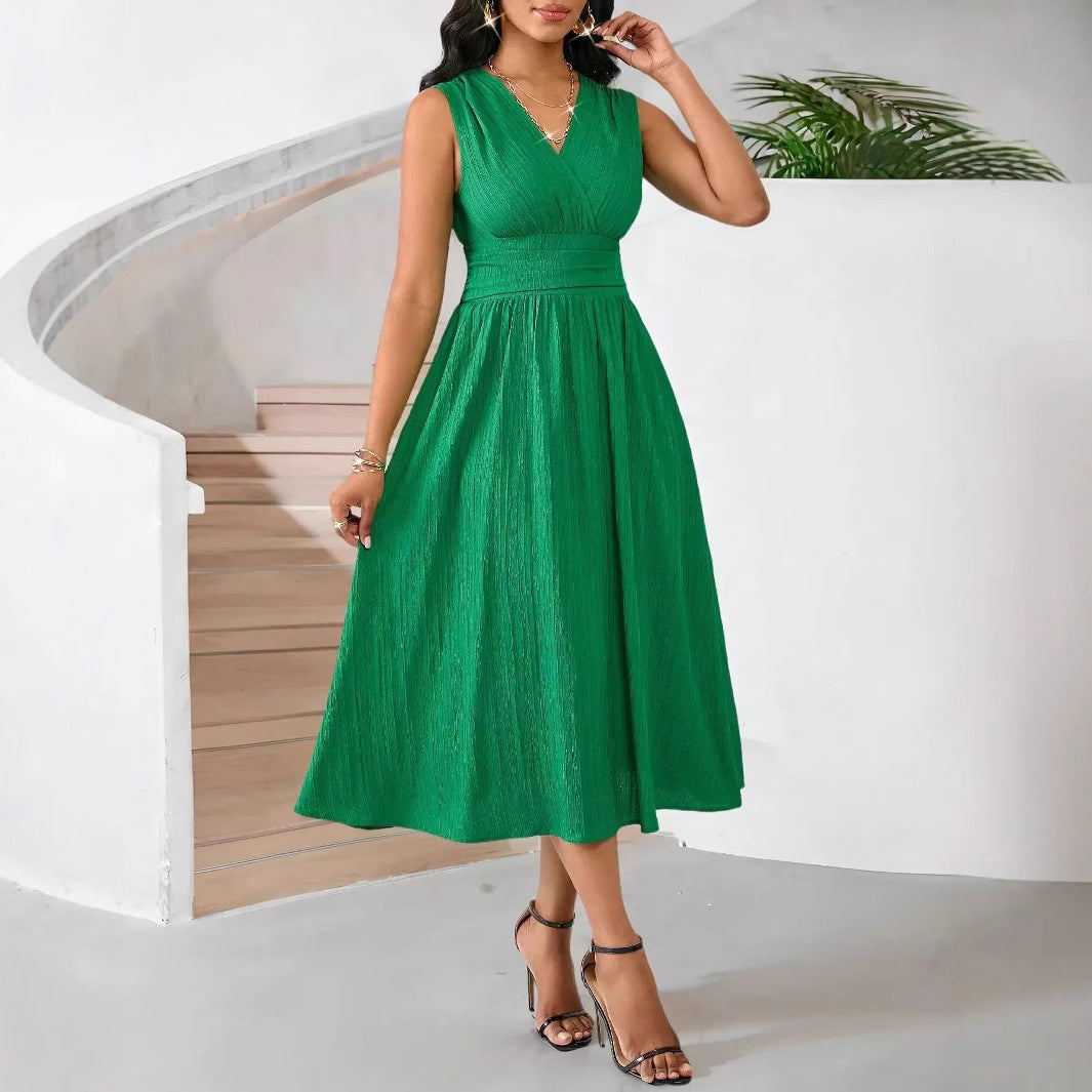 Damen Elegantes Midikleid mit V-Ausschnitt und fließendem Rock Drune