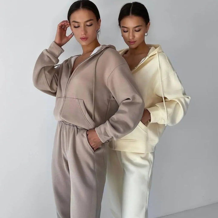 Damen lässiges Fleece-Set mit Kapuze und elastischem Bund Drune