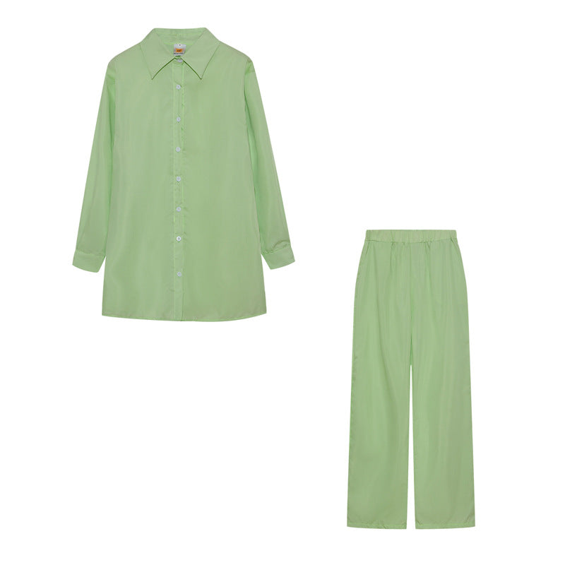 Damen Satin Pyjama Set mit langärmliger Bluse und weiten Hosen Drune