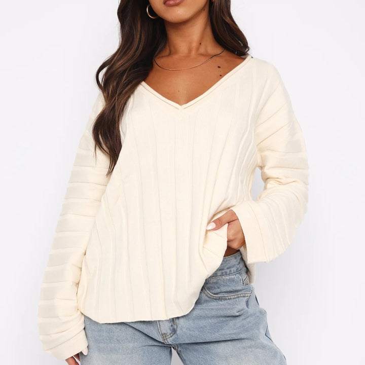 Damen lässiger Pullover mit V-Ausschnitt und Streifenmuster Drune