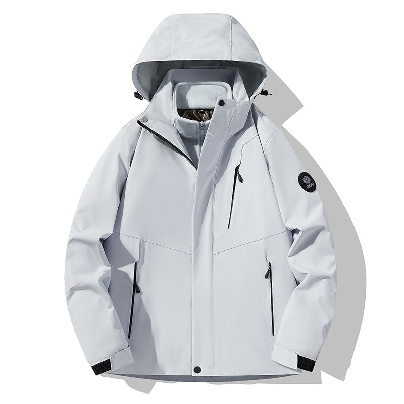 Herren dreilagige atmungsaktive Softshell-Trekkingjacke mit integriertem Fleecekragen und verstellbarer Kapuze Drune