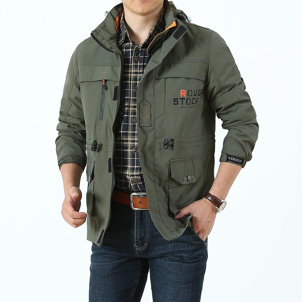 Herren Utility-Fieldjacke mit Kapuze, Multifunktionstaschen und Taillenzug Drune