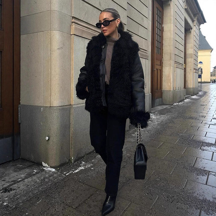 Damen Oversize Kunstleder-Mantel im Aviator-Stil mit voluminösem Faux-Fur-Kragen und Teddybündchen Drune