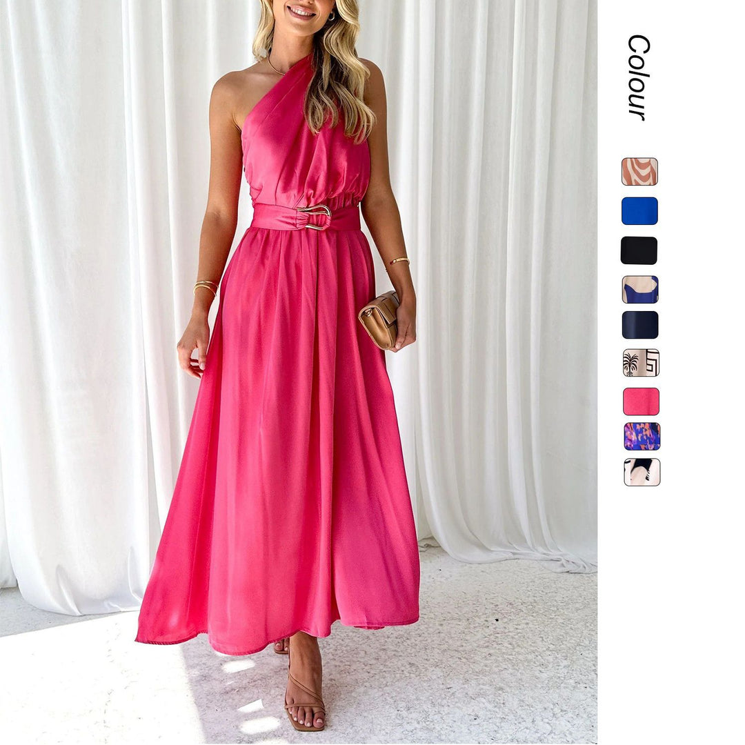 Damen Abendkleid mit asymmetrischem Trägerdesign und elegantem Taillengürtel Drune