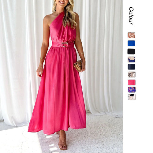 Damen Abendkleid mit asymmetrischem Trägerdesign und elegantem Taillengürtel Drune