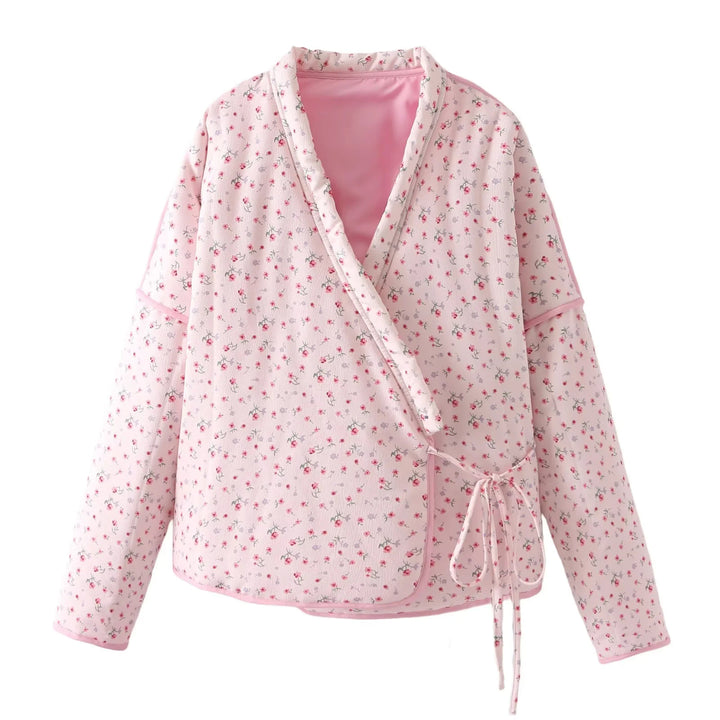 Damen nan leichte Wickeljacke im Kimono‑Stil mit zartem Blumenmuster und Taillenband Drune