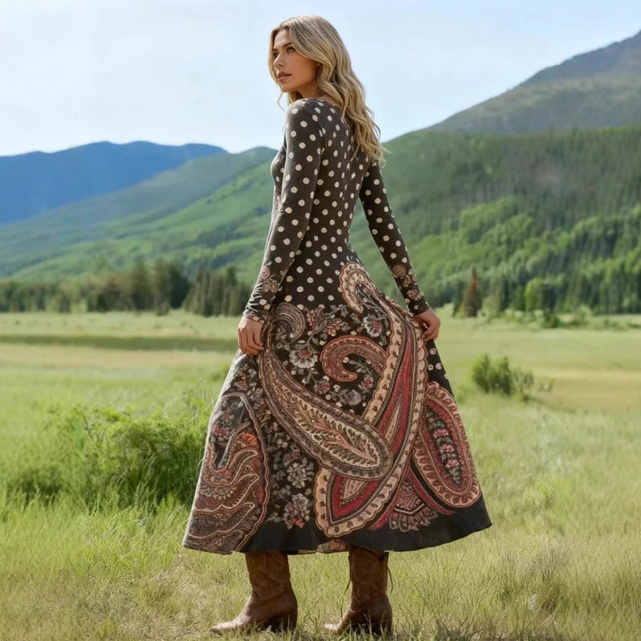 Damen Maxikleid mit Paisley‑ und Polka‑Dot‑Print, langärmeliges A‑Linien‑Jerseykleid Drune