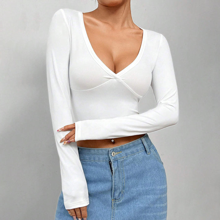 Damen kurzärmliges Crop-Top mit tiefem V-Ausschnitt und elegantem Wickel-Design Drune