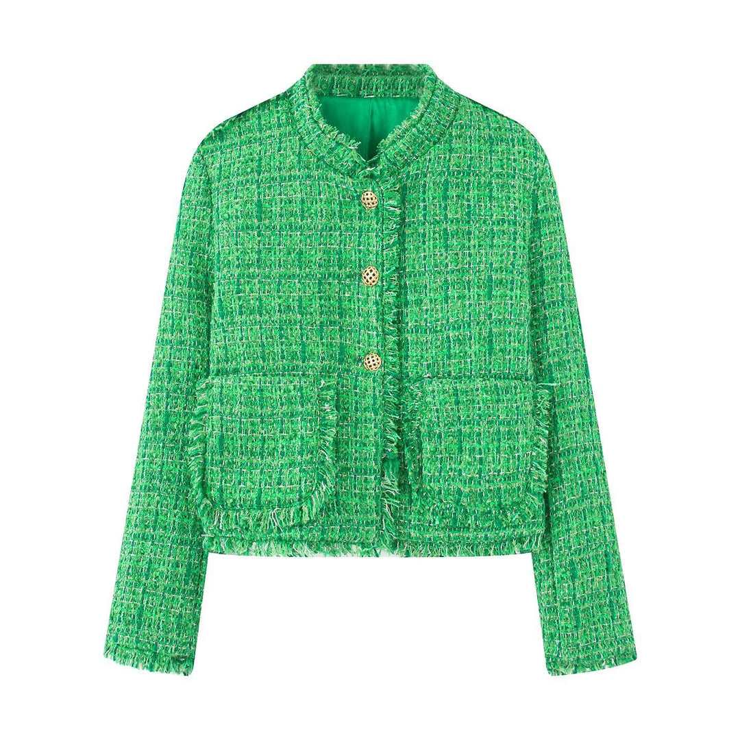 Damen nan kurze Bouclé-Tweedjacke mit goldenen Zierknöpfen, aufgesetzten Taschen und Fransenbesatz Drune