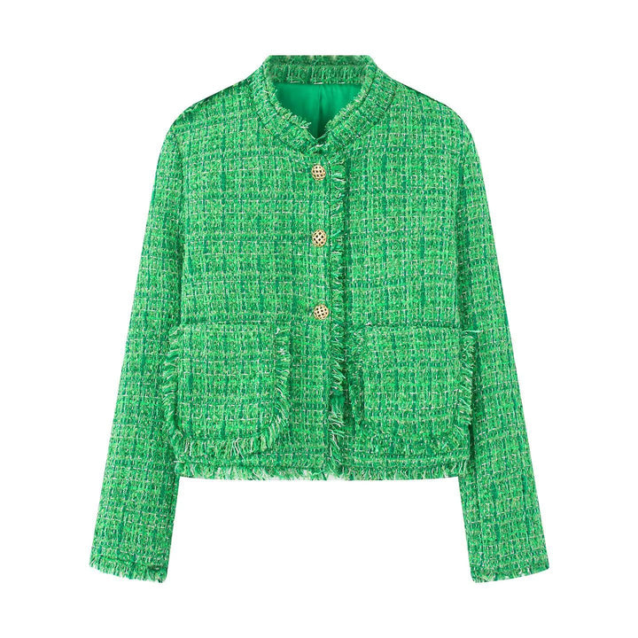 Damen nan kurze Bouclé-Tweedjacke mit goldenen Zierknöpfen, aufgesetzten Taschen und Fransenbesatz Drune