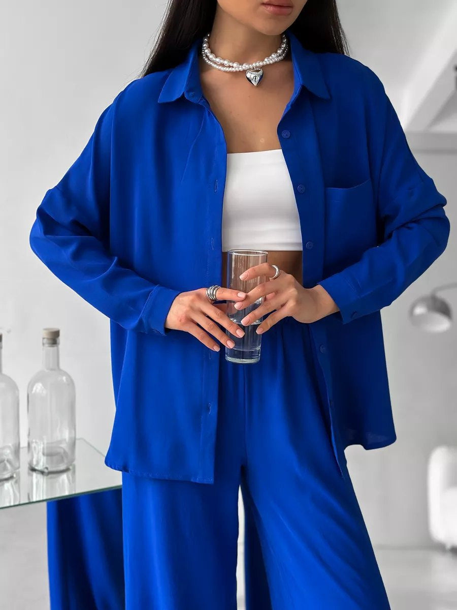 Damen Zweiteiliges Lounge-Set Oversize-Bluse mit Brusttasche und weiter Palazzo-Hose Drune