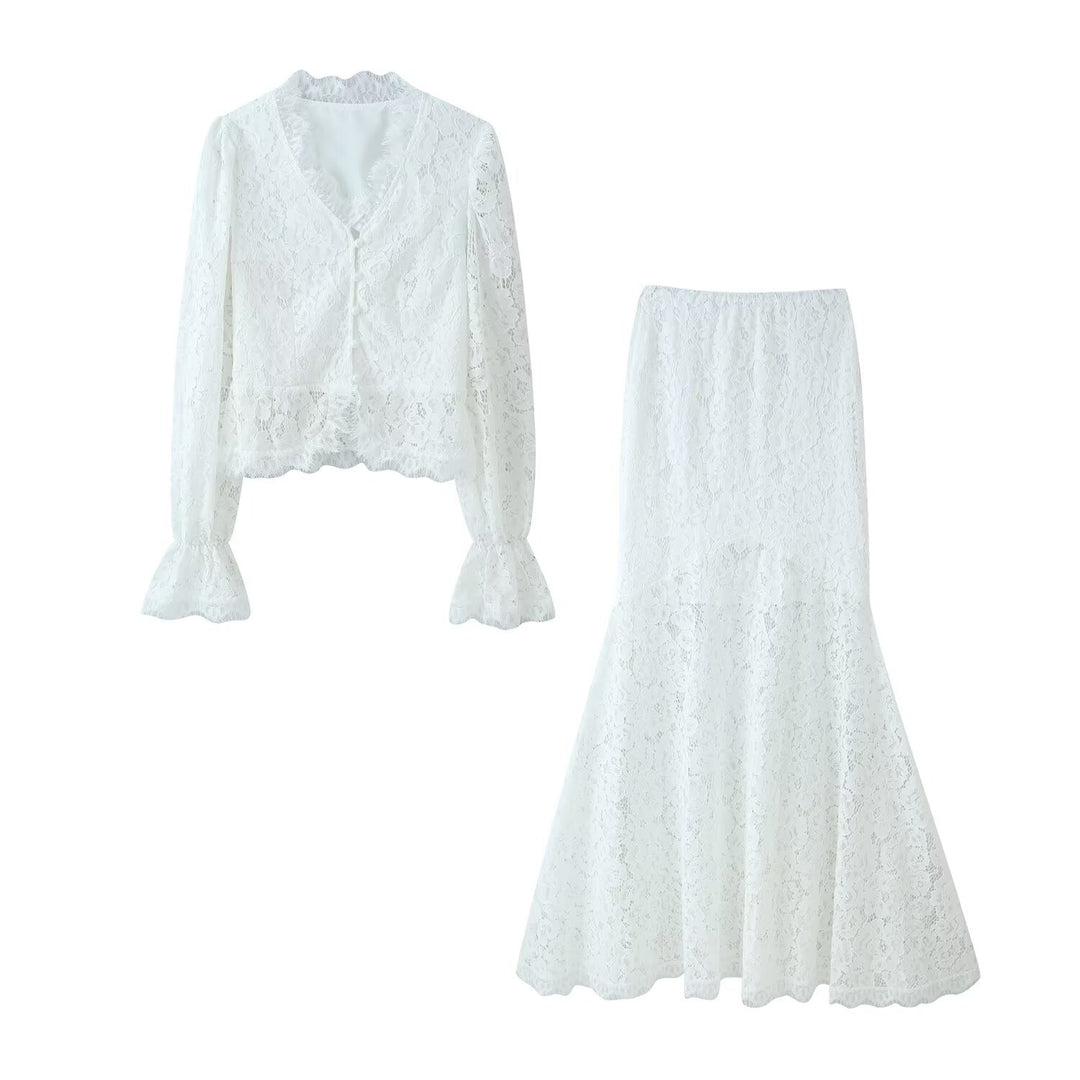 Damen Spitzenblusen- und Rock-Set Drune