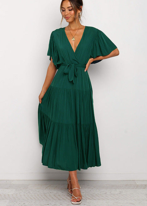 Damen Maxikleid mit tiefem V-Ausschnitt und schwingenden Ärmeln Drune
