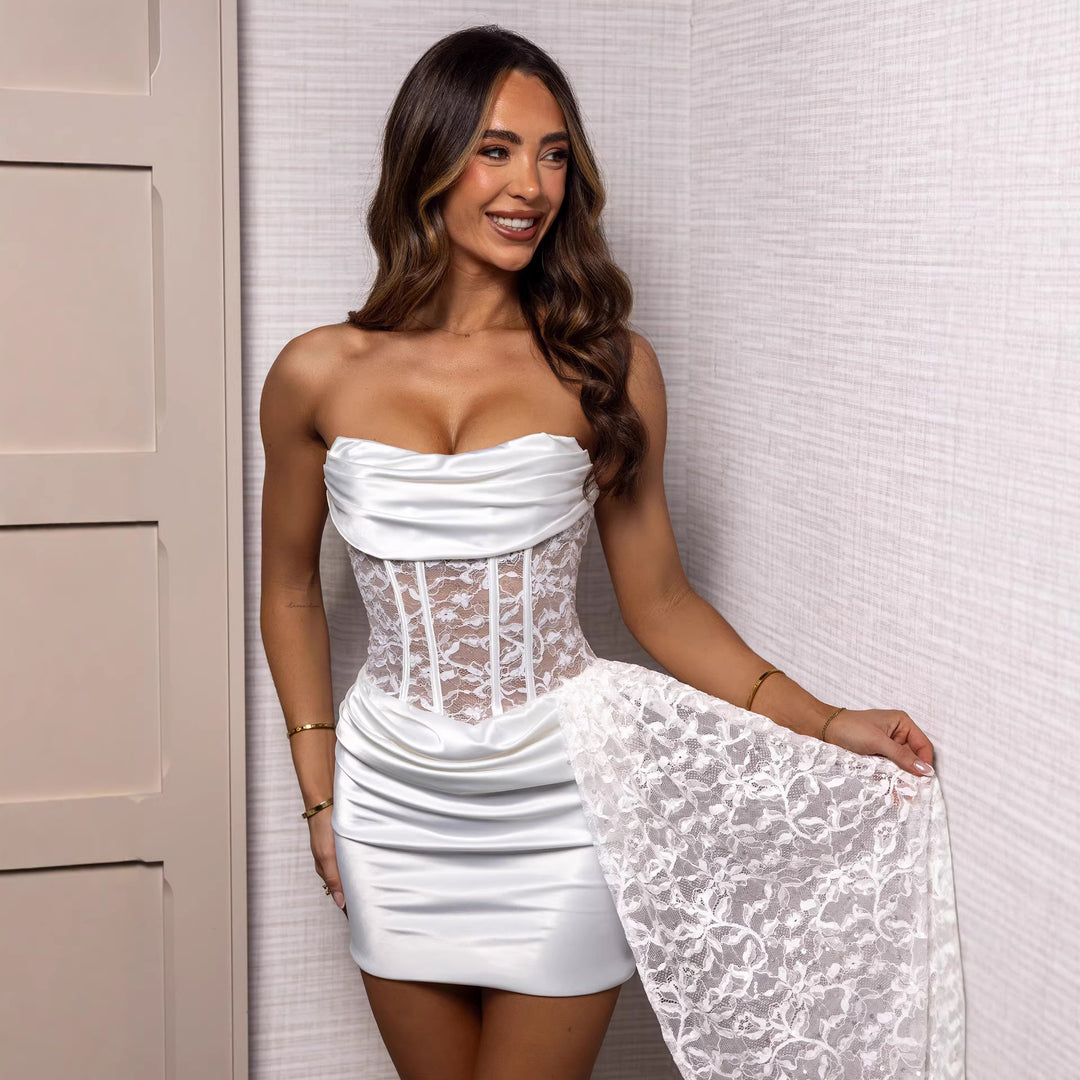 Damen Korsett-inspiriertes Mini-Kleid mit eleganter Spitze und fließendem Rock Drune