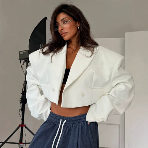 Damen Cropped-Boxy-Blazer mit skulpturierten Schultern und kastiger Silhouette Drune