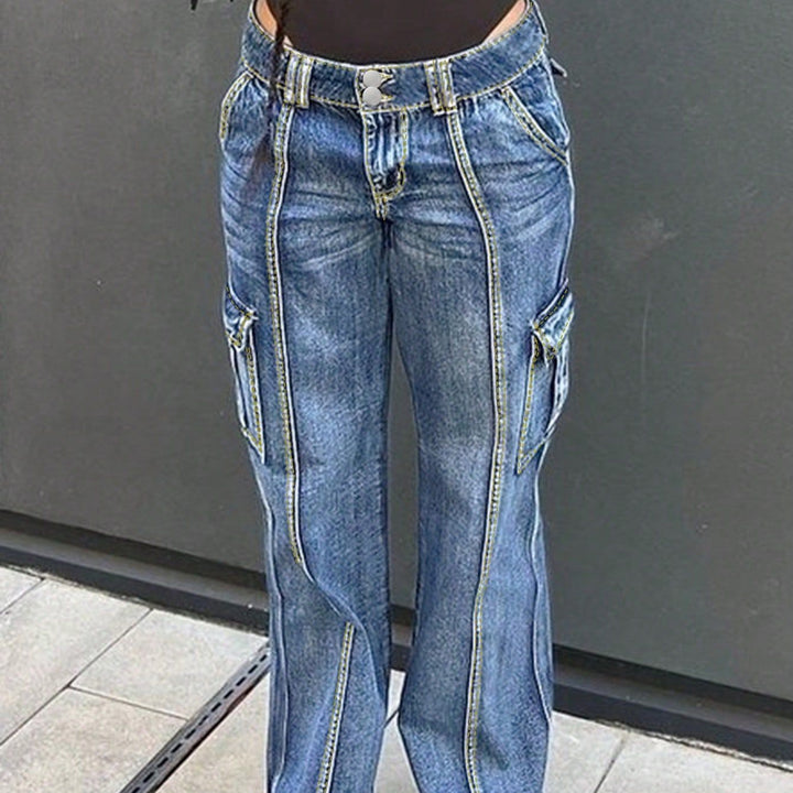 Damen taillenhohe Cargo-Jeans mit vertikalen Ziernähten und weitem Bein Drune