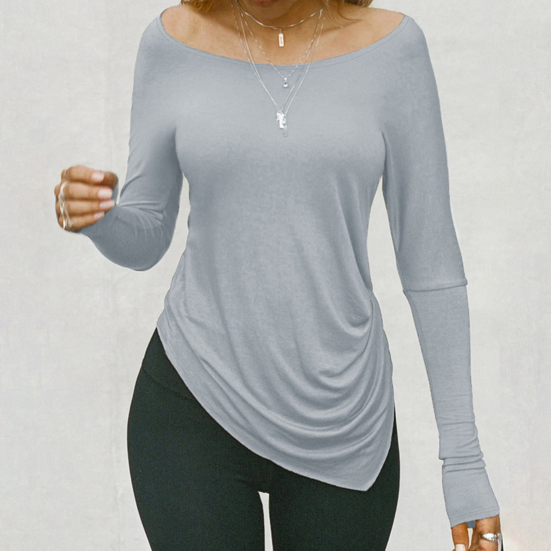 Damen Asymmetrisches Langarmshirt mit U-Boot-Ausschnitt, seitlicher Raffung und schrägem Saum Drune