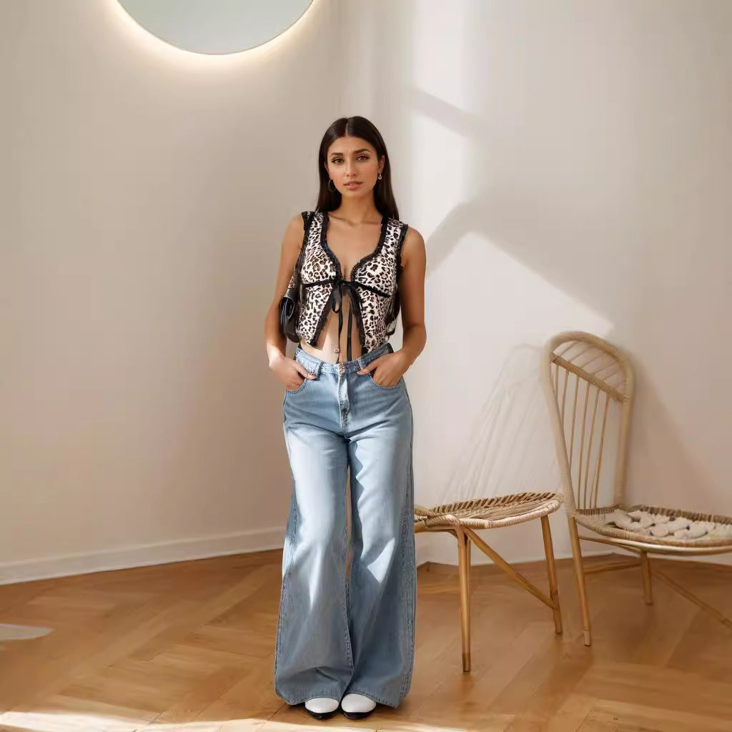 Damen Sexy Animal-Print Oberteil mit Spitzenakzenten und Schleifenbindung Drune