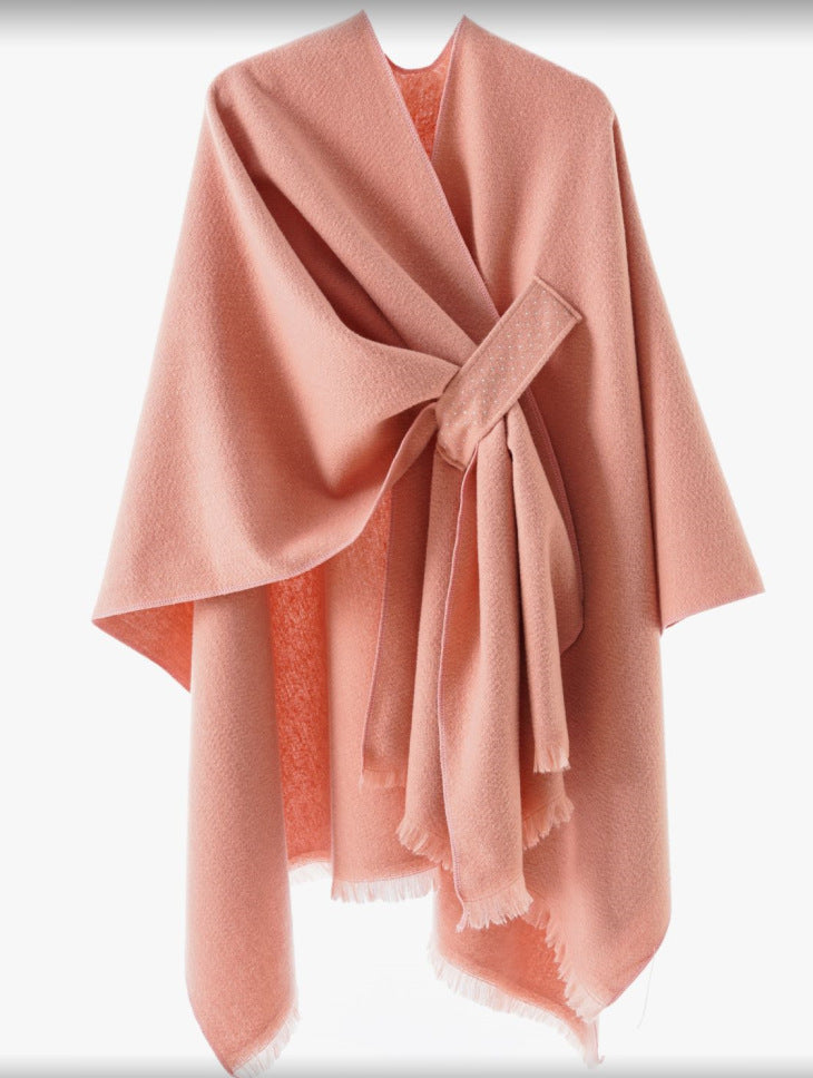 Damen Eleganter Wickel-Umhang aus Wollmischung mit Taillenschärpe und Fransensaum Drune