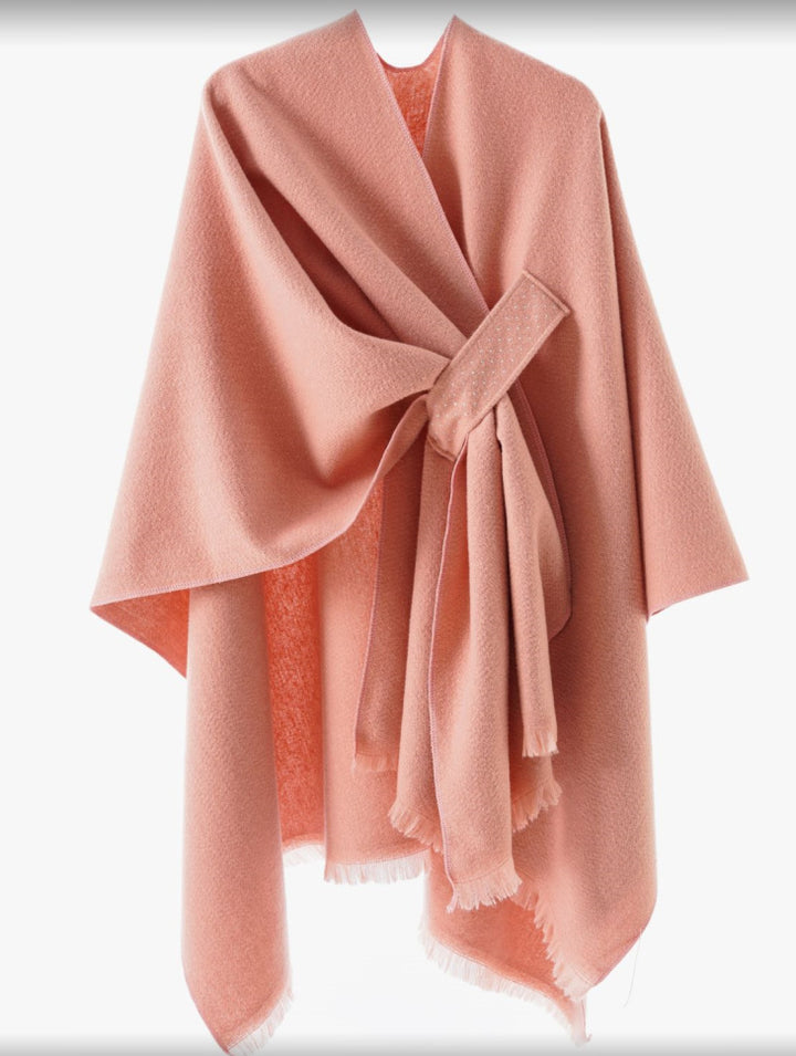 Damen Eleganter Wickel-Umhang aus Wollmischung mit Taillenschärpe und Fransensaum Drune
