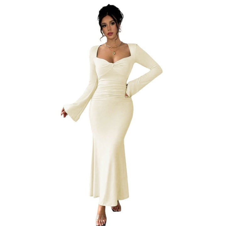 Damen Elegantes langärmliges Maxikleid mit tiefem V-Ausschnitt und schicker Raffung Drune