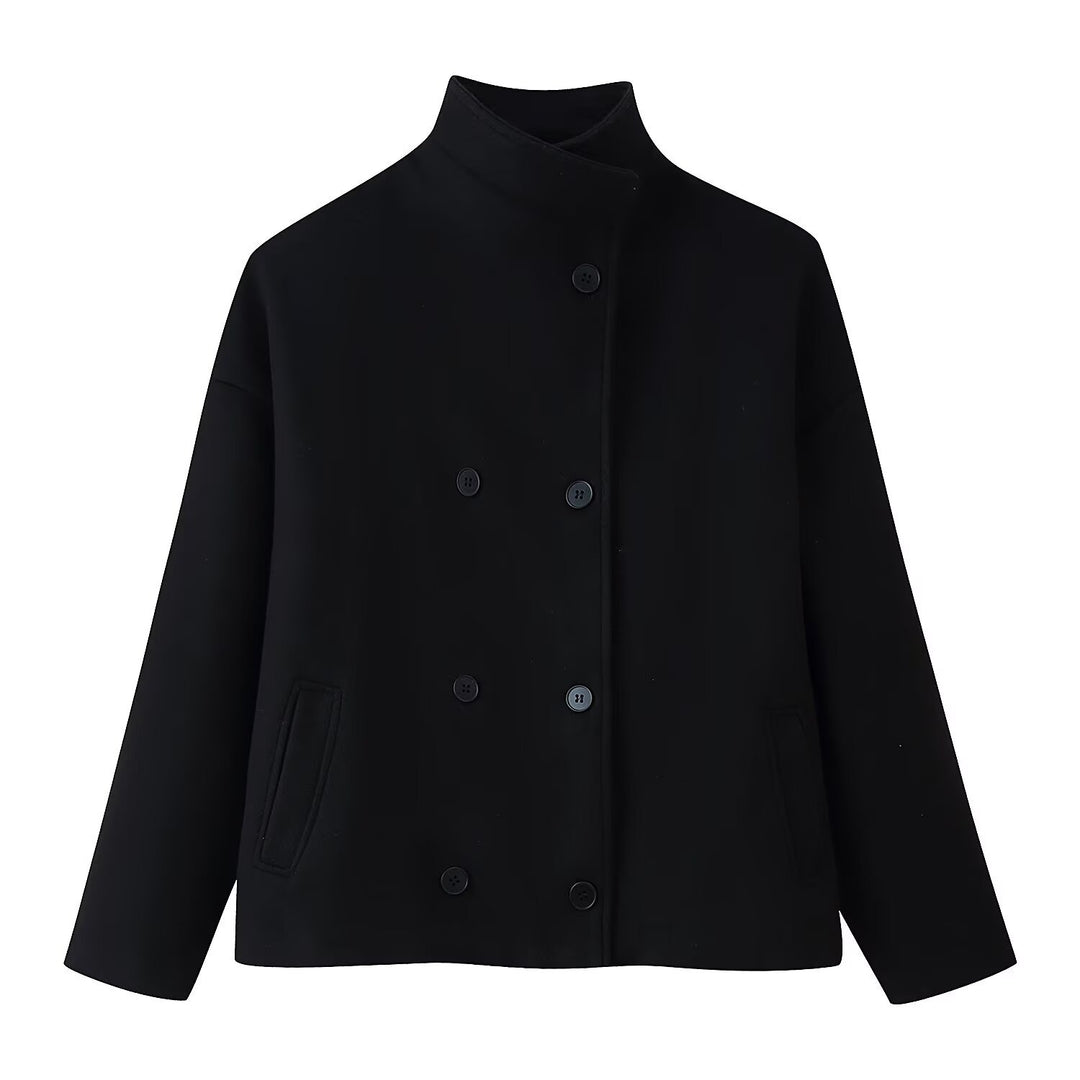 Damen modische Wolljacke mit hohem Kragen und doppelter Knopfleiste Drune