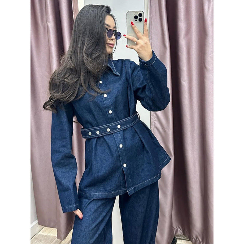 Damen Denim-Blazer-Set im Vintage-Stil mit Taillengürtel Drune