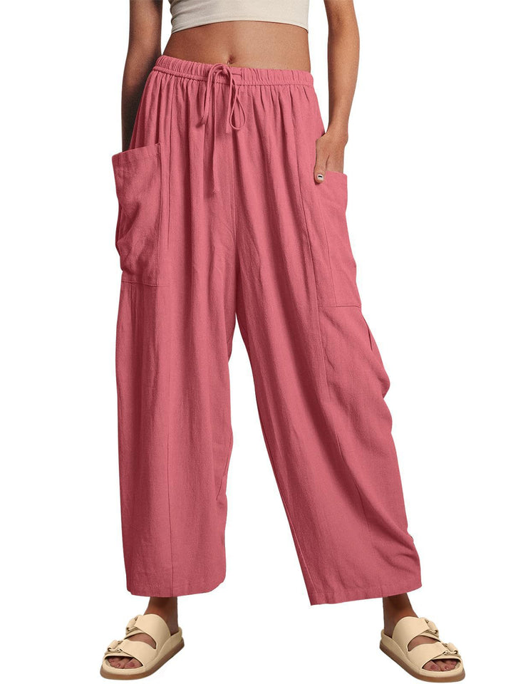 Damen nan weite Palazzohose aus leichtem Leinenmix mit Tunnelzug und seitlicher Tasche Drune