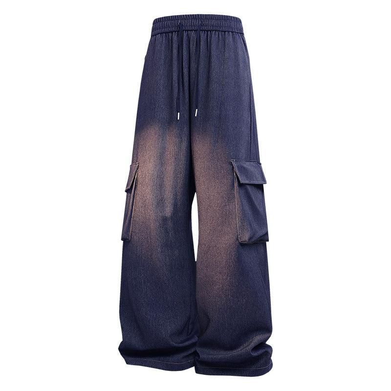 Damen Weite Denim-Cargo-Hose im Baggy-Stil mit Elastbund, Tunnelzug und aufgesetzten Klappentaschen Drune