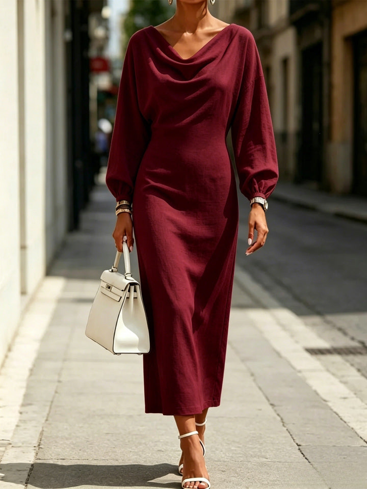 Damen Elegantes Midikleid mit drapiertem Ausschnitt, taillierter Silhouette und Ballonärmeln Drune