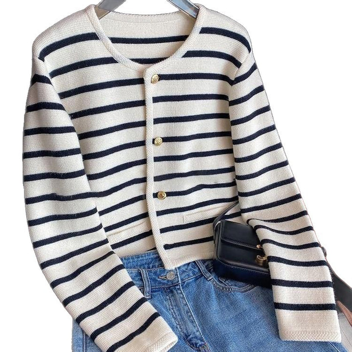 Damen modische Strickjacke mit strukturiertem Streifenmuster und eleganten Knöpfen Drune