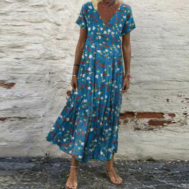 Damen nan V-Ausschnitt-Maxikleid mit feinem Faltenrock, Empire-Passe und Kurzarm Drune