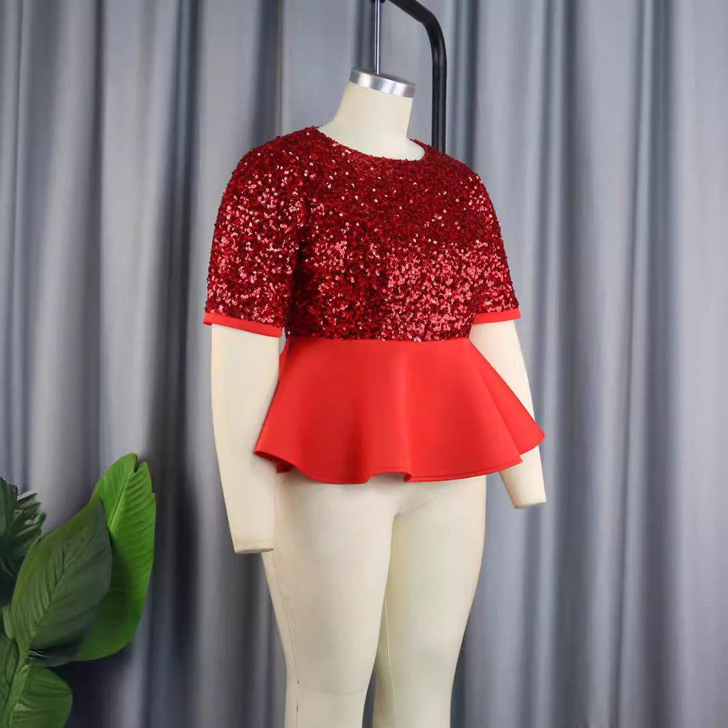 Damen elegantes Glitzeroberteil mit schwingendem Peplum Drune