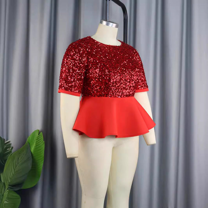 Damen elegantes Glitzeroberteil mit schwingendem Peplum Drune