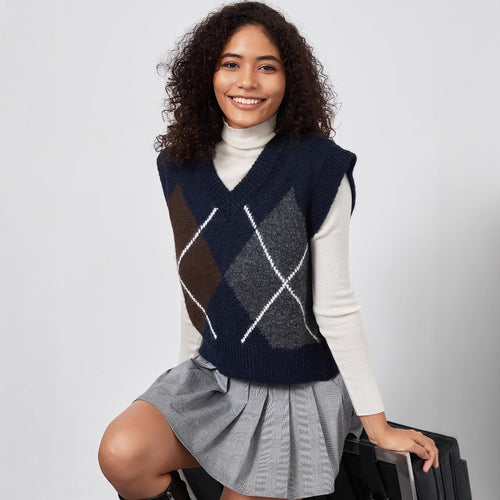Damen Strickpullover mit modernem Rautenmuster Drune