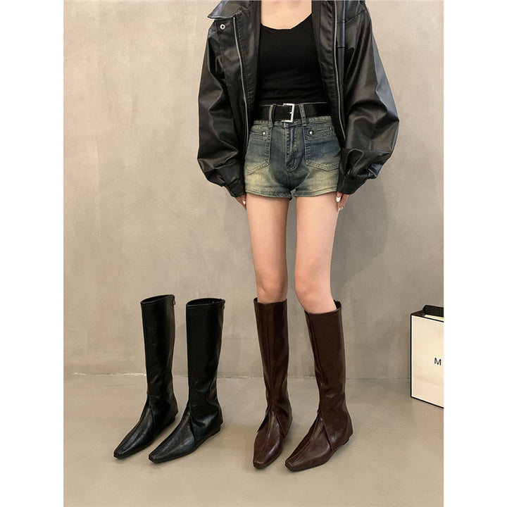 Damen Kniehohe schmal geschnittene Schlupf‑Stiefel mit quadratischer Zehenpartie Drune