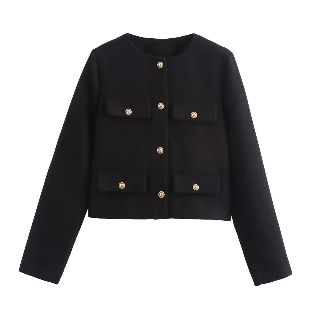 Damen Kurze Bouclé-Blazerjacke mit Rundhalsausschnitt, Zierleistentaschen und goldfarbenen Knöpfen Drune