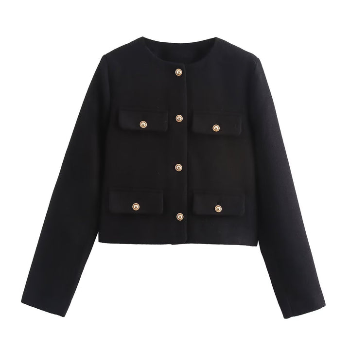 Damen Kurze Bouclé-Blazerjacke mit Rundhalsausschnitt, Zierleistentaschen und goldfarbenen Knöpfen Drune