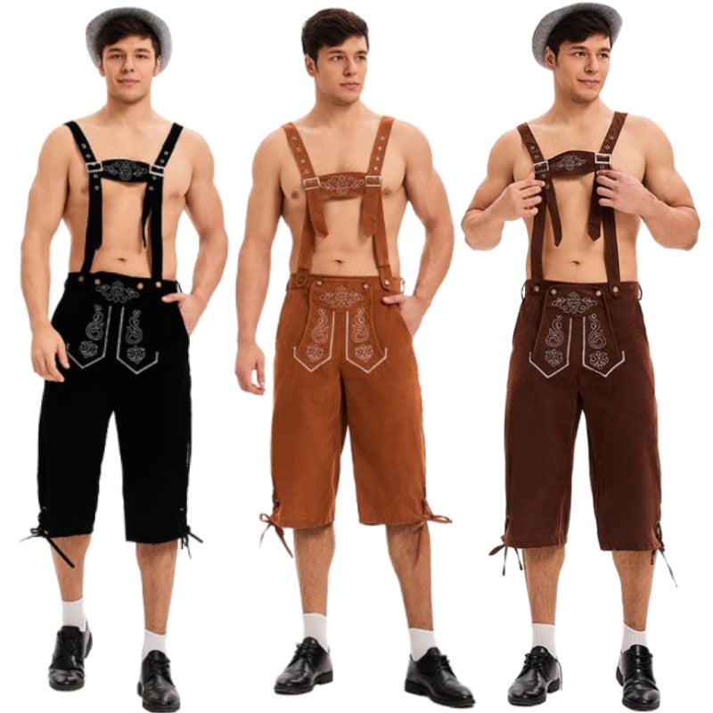 Herren nan knielange traditionelle Lederhose mit besticktem Brustlatz und verstellbaren Trägern Drune