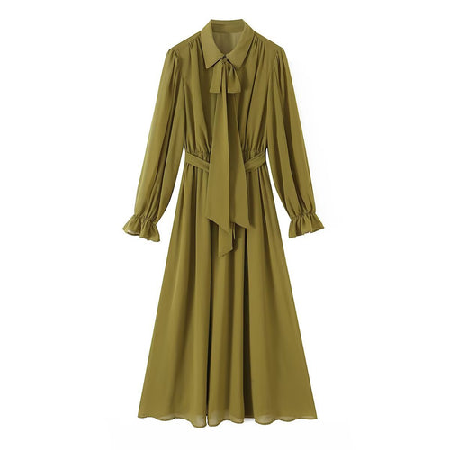 Damen Chiffon‑Maxikleid mit Bindeschleife, tailliertem Knotenband und Rüschenärmeln Drune
