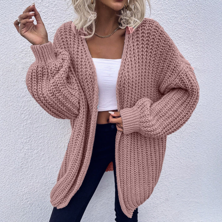 Damen lässiger Grobstrick-Cardigan mit tiefen Taschen und voluminösen Ärmeln Drune