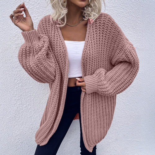 Damen lässiger Grobstrick-Cardigan mit tiefen Taschen und voluminösen Ärmeln Drune