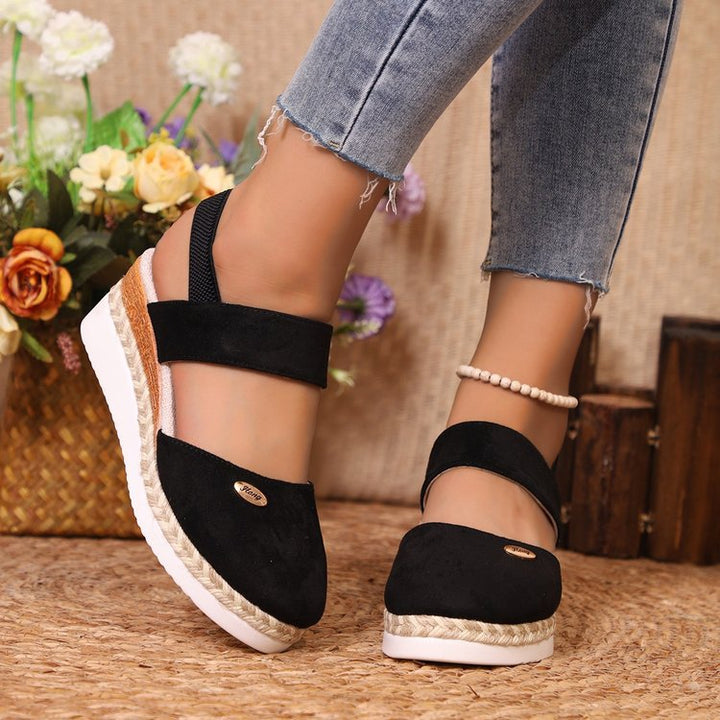 Damen  Espadrille-Keilpantoletten mit elastischem Fersenriemen, Veloursoptik-Obermaterial und geflochtenem Jute-Plateau Drune