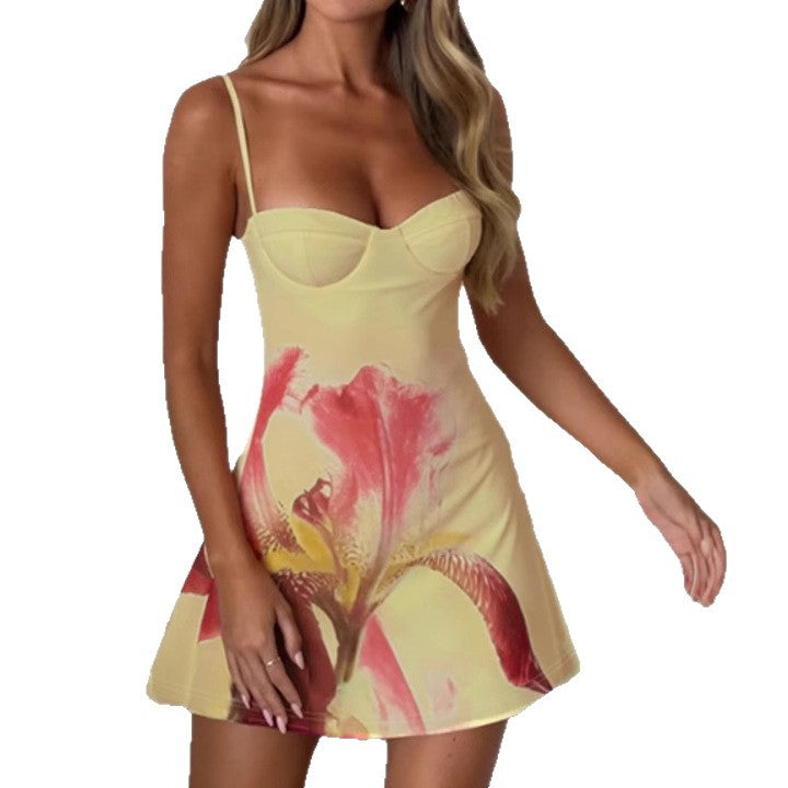 Damen sommerliches Minikleid mit floralem Druck und tailliertem Oberteil Drune