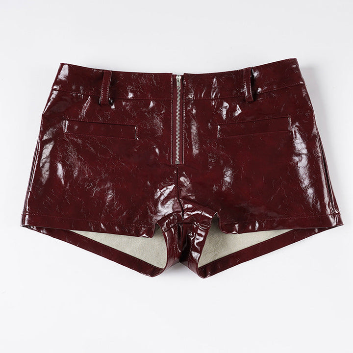 Damen Kunstleder-Shorts mit dekorativen Knopfdetails Drune