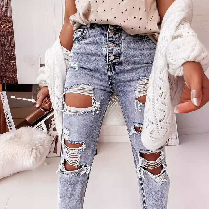 Damen Destroyed Boyfriend Jeans im lässigen Vintage-Stil mit hohem Bund Drune